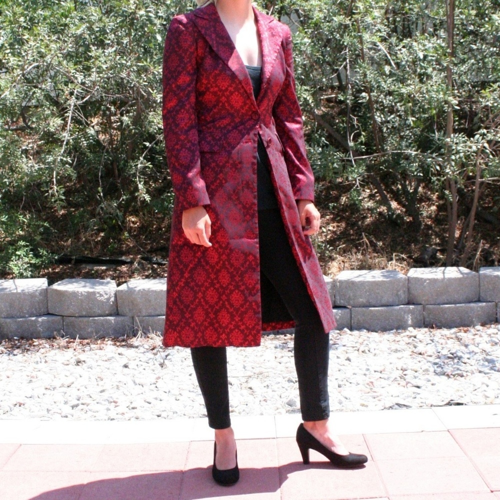 Bebe Red Metallic Patterned A-line Long Coat